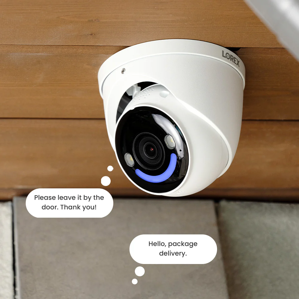 Security camera with speech bubbles saying 'Hello, package delivery' and 'Please leave it by the door. Thank you!'