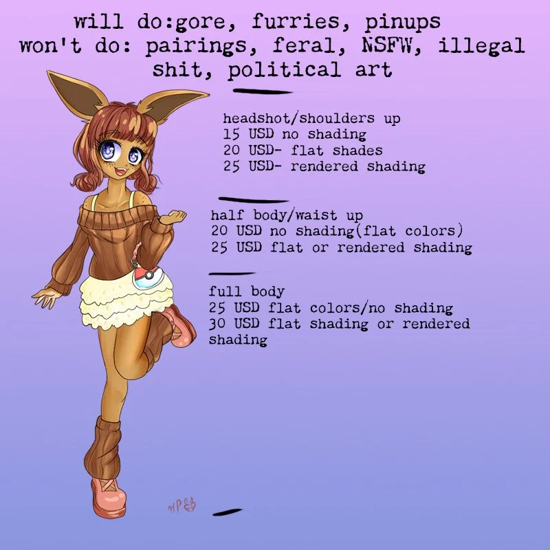 Redid my comms sheet :PPPP
Feel free to DM me here if you want something done!! (send this emoji tho 🍰- this tells me you read through this post)
you can also find more info on my ko-fi which should be in my linktree so ye :D