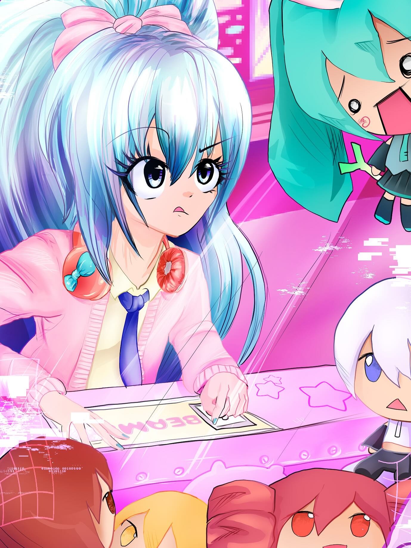 🎀Hatsune Miku- Ribbon Girl Module🤍
Joined my first collab!!(edit- I js remembered that I&rsquo;ve done collabs on Newgrounds so this isn&rsquo;t my first one mb💔)

I had fun with this one and also included cameos of other voice synthesizer charact