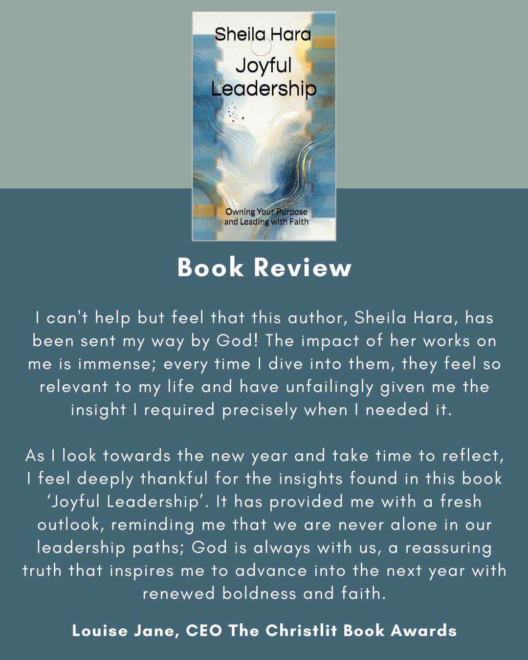 Book cover titled Sheila Hara's Joyful Leadership with a background of blue, white, and gold abstract art.