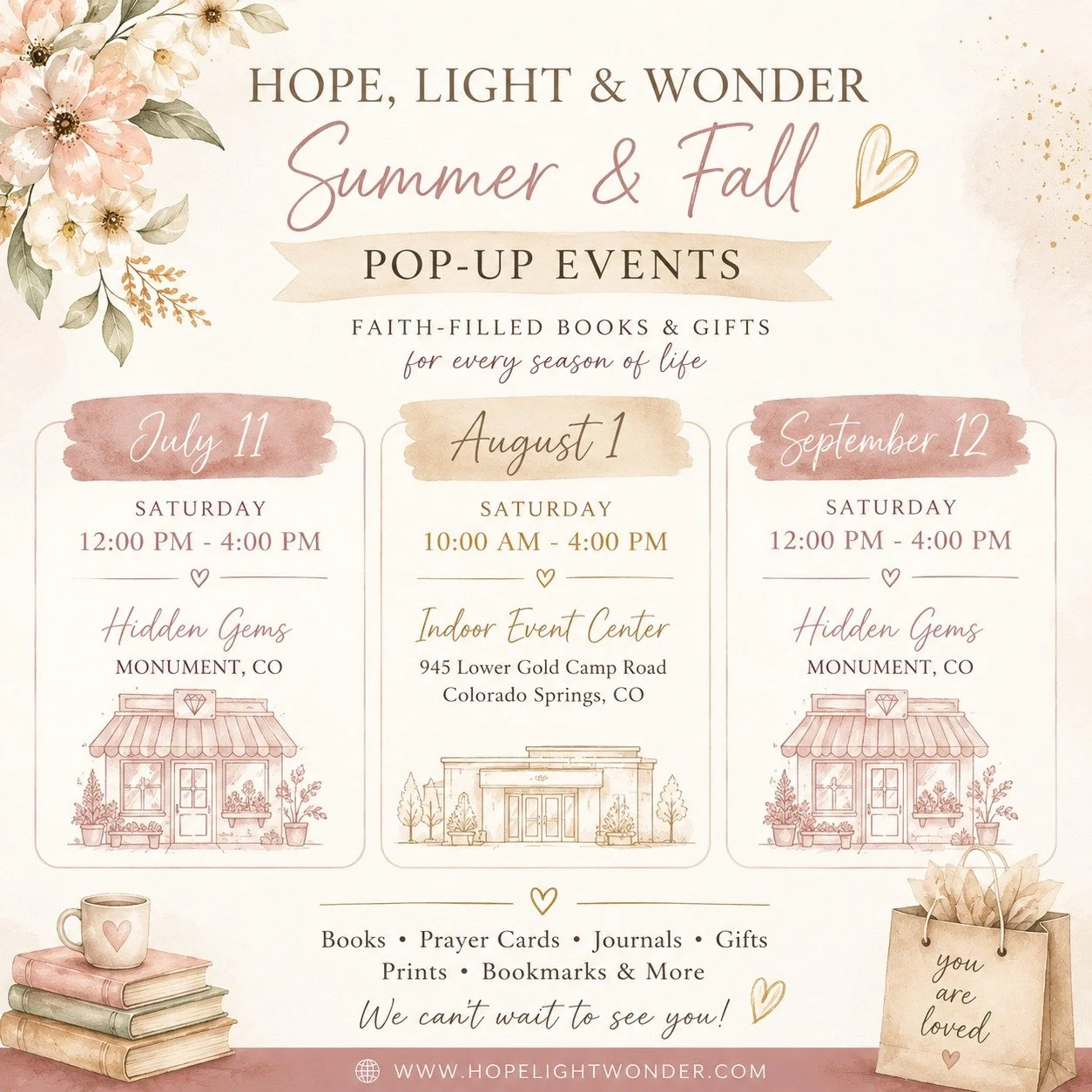 "Summer &amp; Fall Pop-Up Schedule"

📍 July 11 &ndash; Hidden Gems, Monument (12&ndash;4 PM)
📍 August 1 &ndash; Colorado Springs Indoor Event Center (10&ndash;4 PM)
📍 September 12 &ndash; Hidden Gems, Monument (12&ndash;4 PM)