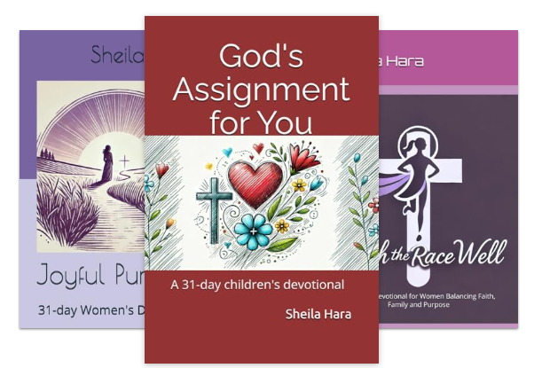 Three book covers, with the middle one titled "God's Assignment for You" featuring a heart, cross, and floral designs. The left book is titled "Joyful Purpose" and the right one is titled "Finish the Race Well."
