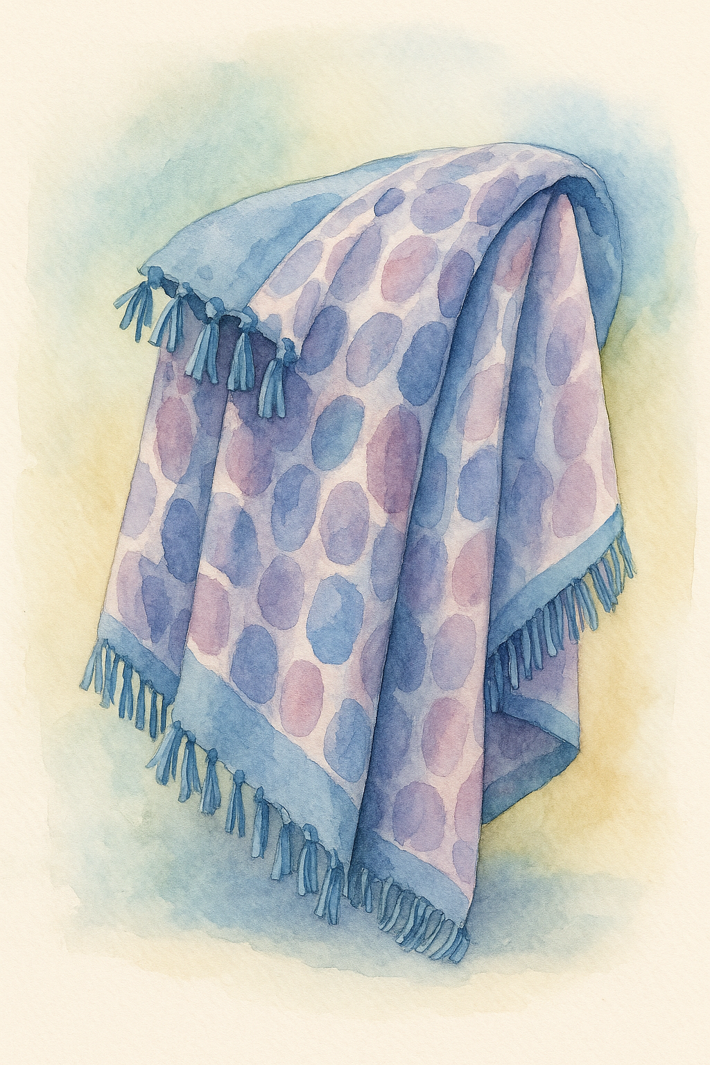Watercolor painting of a light blue towel with purple and pink polka dots, draped over a surface, with fringes along the edges.
