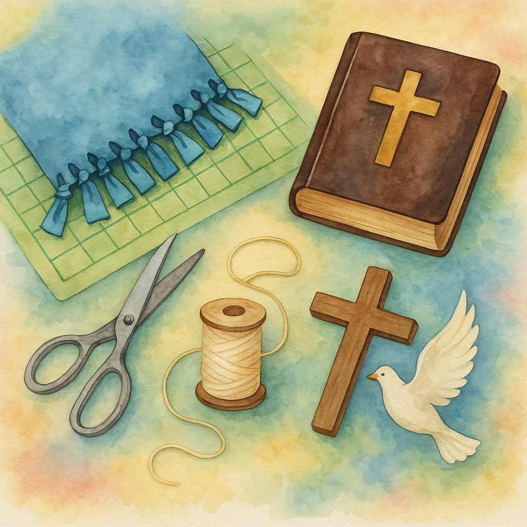 Watercolor illustration of religious items including a Bible with a cross on the cover, wooden cross, white dove, spool of thread, scissors, and a blue cloth with ribbons, set on a colorful background.