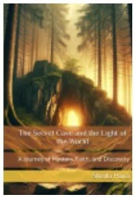 A forest scene with sunlight shining through tall trees onto a rocky area with a glowing light or glow in the center, reflecting in the water below. Text overlay mentions 'The Secret Cave and the Light of a Sword' and 'A journey of faith, hope, and discovery'.