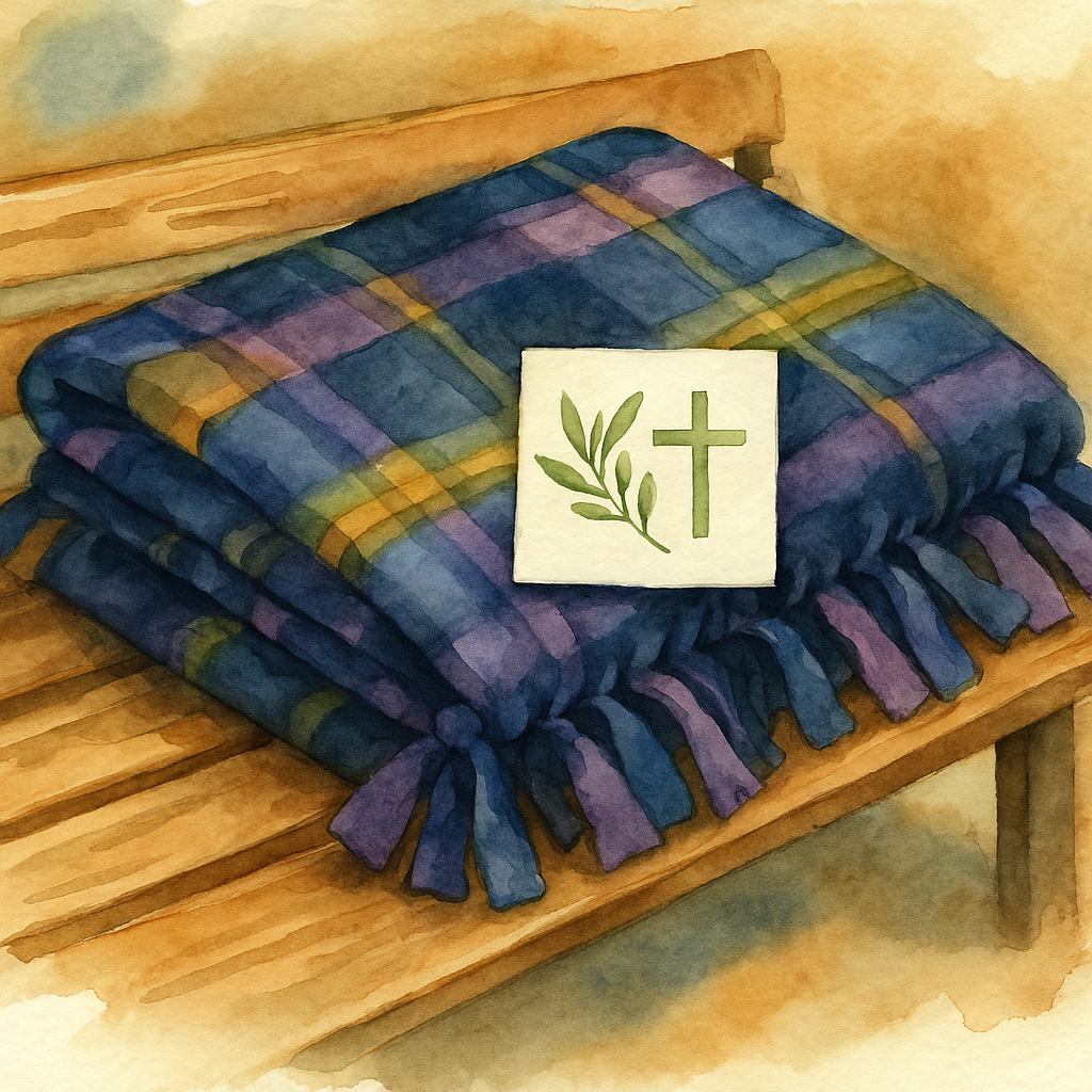 Watercolor painting of a folded blue, green, and yellow plaid blanket on a wooden bench. A white card with a green olive branch and cross symbol placed on the blanket.