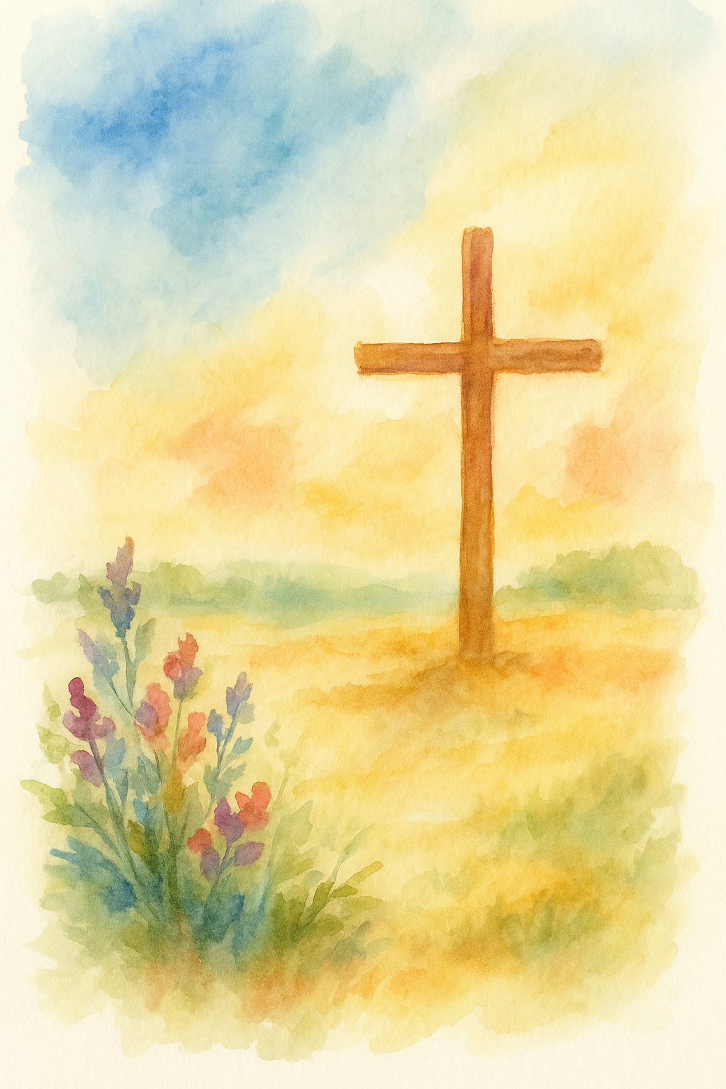 Watercolor painting of a cross on a hill at sunset or sunrise with blue, yellow, and orange sky and purple and pink flowers in the foreground.