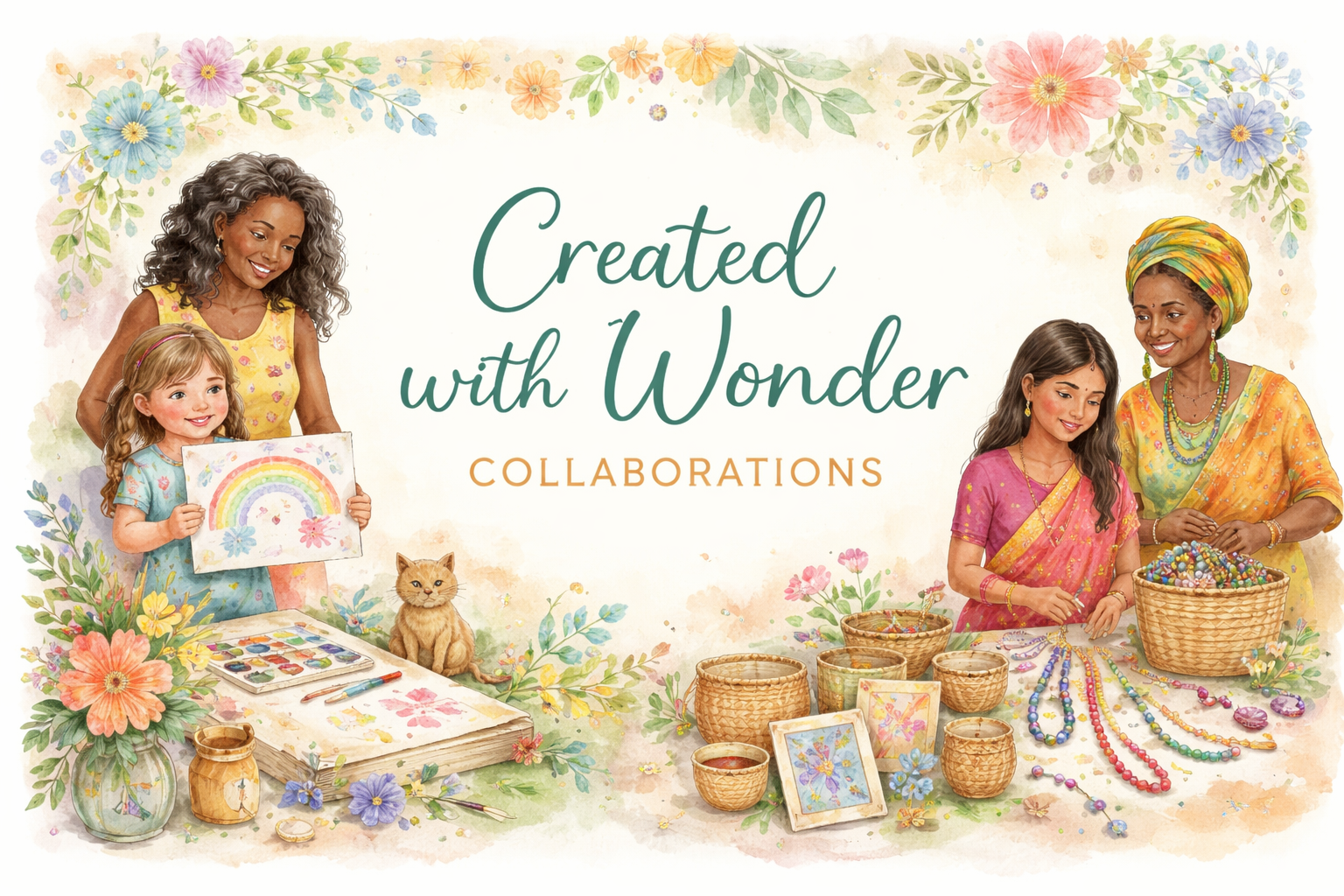 An illustration of diverse women and a girl involved in arts and crafts, with flowers and jewelry displayed. The text reads 'Created with Wonder Collaborations.'