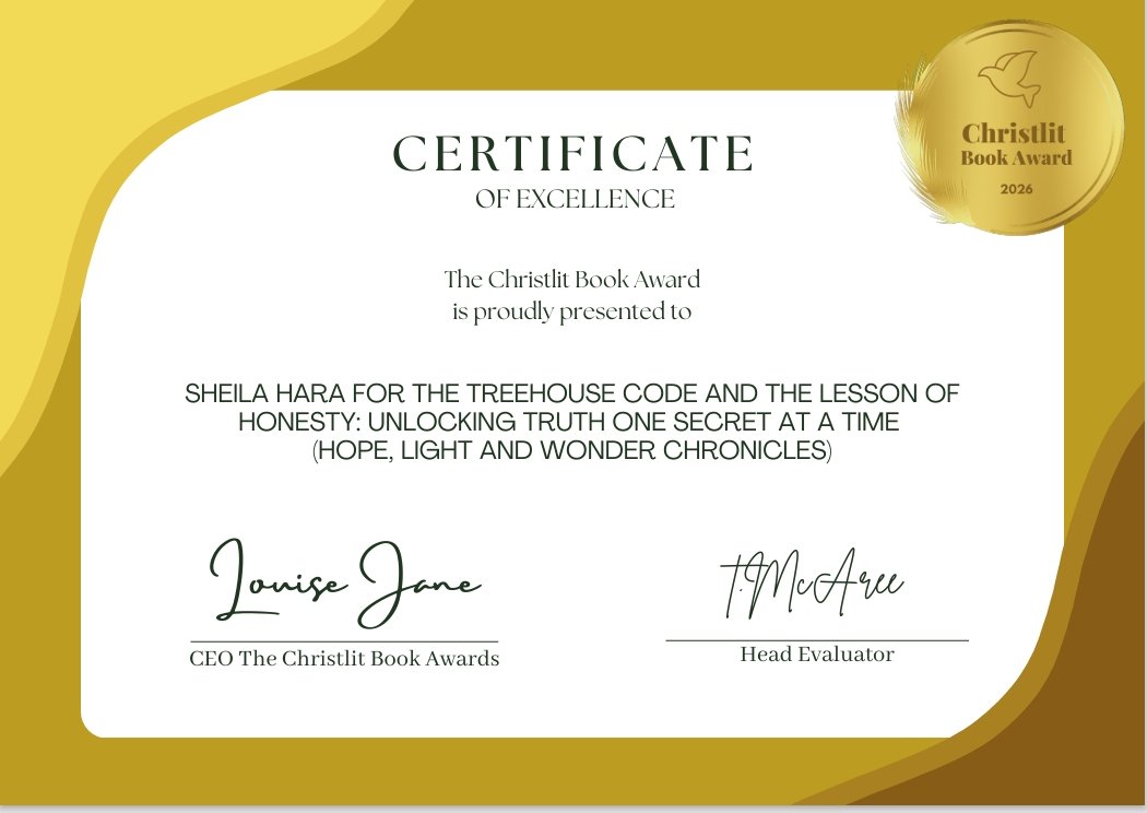 Certificate of Excellence from The Christlit Book Awards awarded to Sheila Hara for her book "The Treehouse Code and The Lesson of Honesty: Unlocking Truth One Secret at a Time" in 2026, signed by Louise Jane and T.McAree.