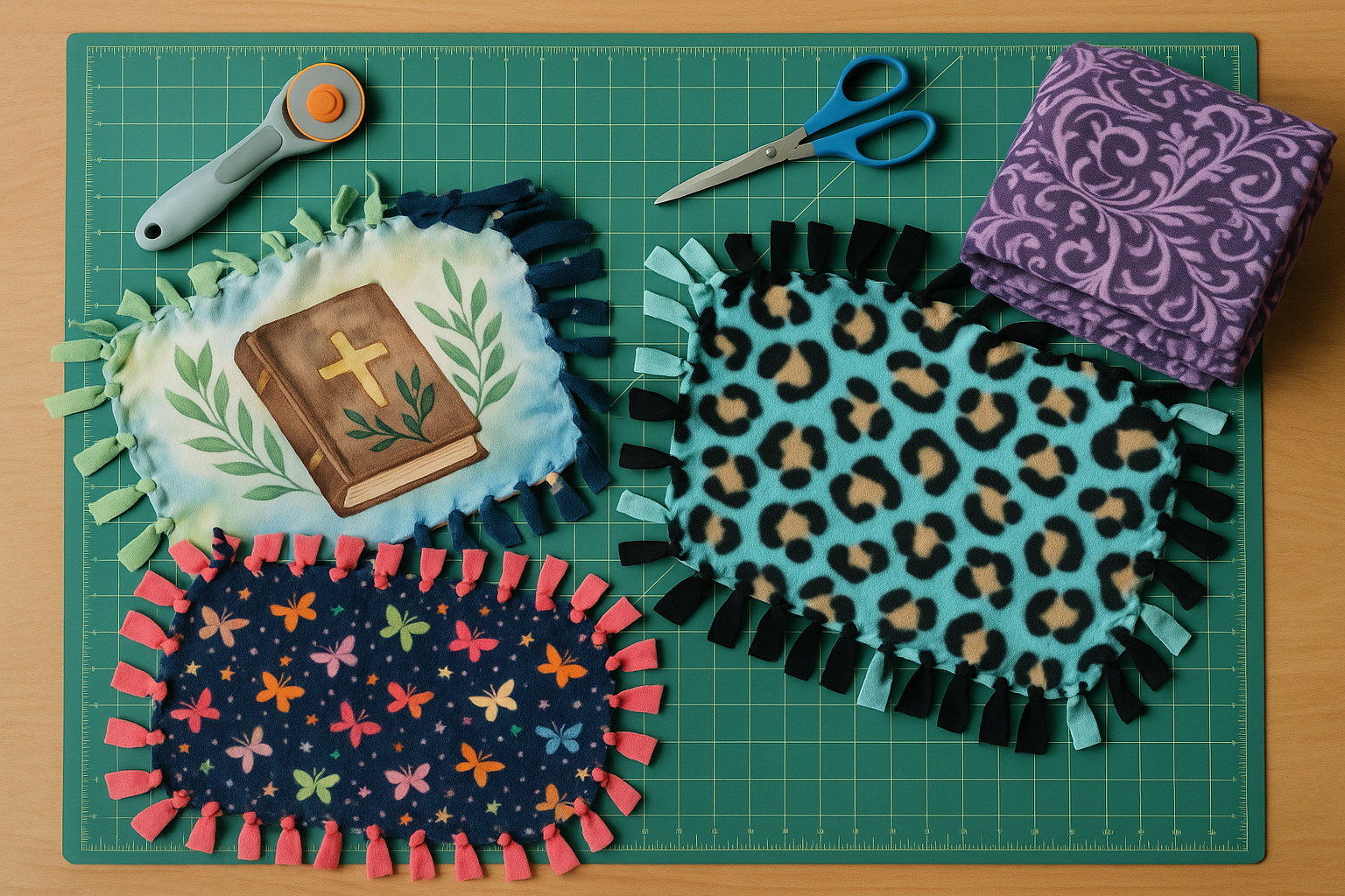 Assorted decorative fabric pieces with ribbon edges, scissors, and a rotary cutter on a green cutting mat with rulers.