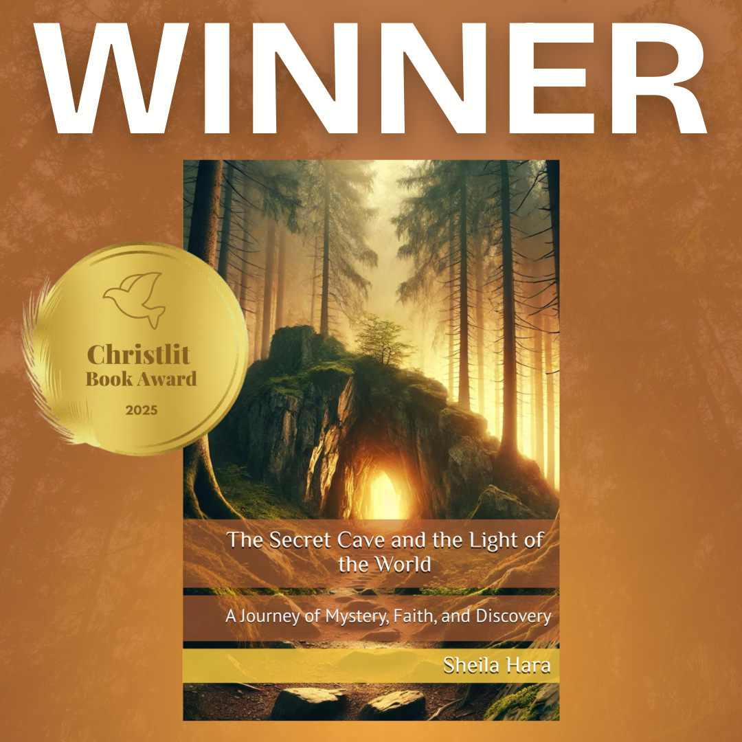 Image of the book cover titled "The Secret Cave and the Light of the World" by Sheila Hara, which features a forest with tall trees and a glowing light emerging through a cave opening. It has a gold badge indicating it won the Christlit Book Award in 2025, with the word "WINNER" at the top.