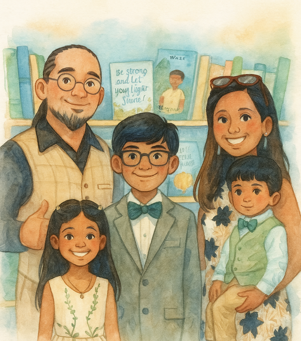 A watercolor illustration of a family of members in front of a bookshelf. There is an older man with glasses, a beard, and long hair tied back. A woman with long dark hair and sunglasses on her head is smiling. A girl with long black hair and a girl with short black hair and a bow tie are in the front, smiling. A boy with glasses, a bow tie, and a suit stands in the middle. The background features books, one with the writing "Be strong and let your light shine".