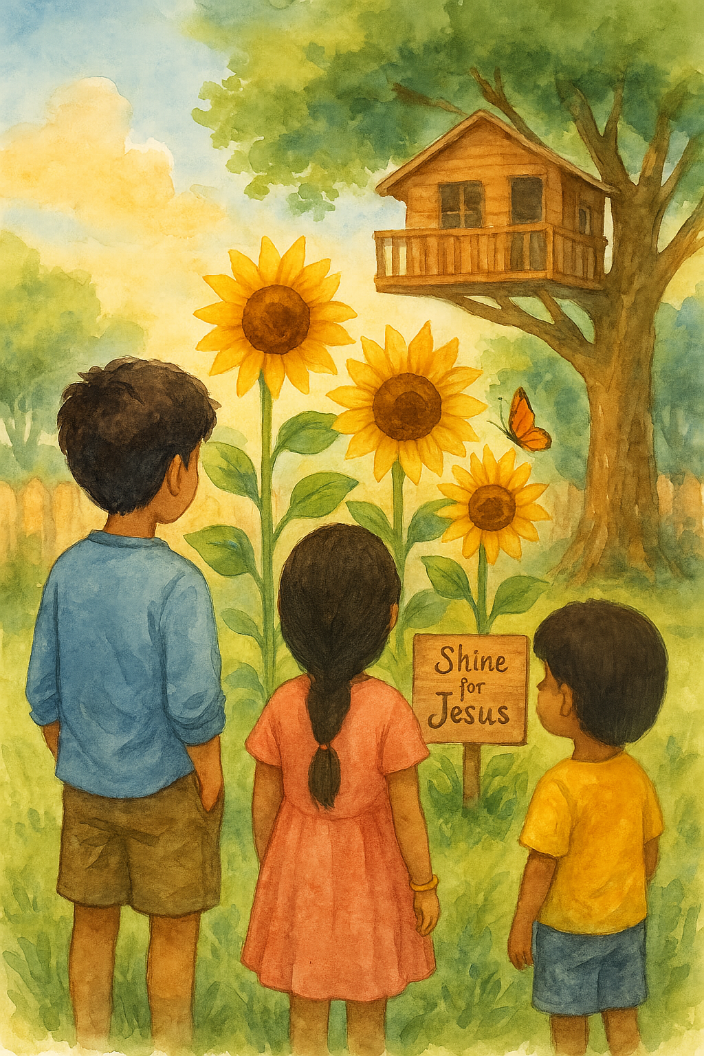 Children standing outdoors, facing three large sunflowers with a wooden treehouse in a large tree and a butterfly flying nearby. A sign reads "Shine for Jesus."