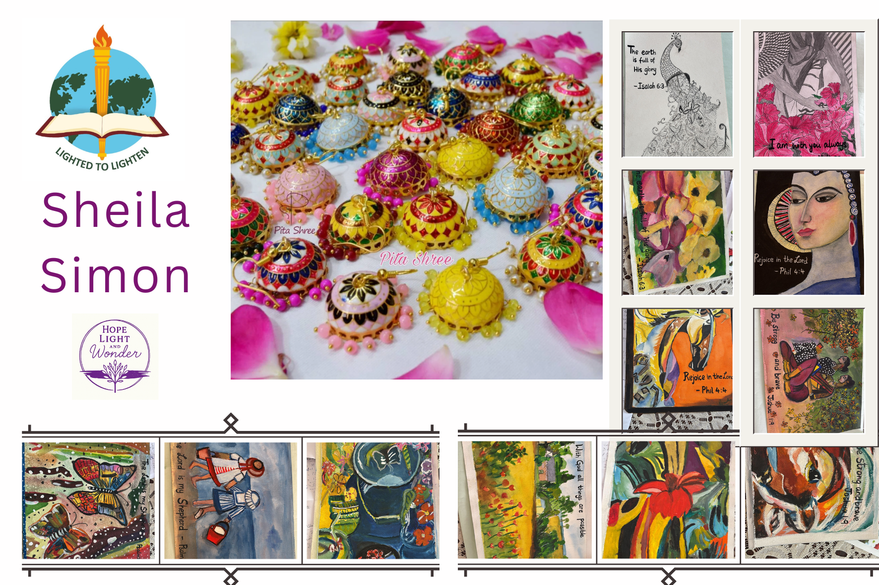 A collection of painted and embroidered artworks, including a quote about the earth being full of God's glory, an illustration of a woman with flowers, a biblical quote about rejoicing in the Lord, and colorful scenes of people and nature, displayed as part of a creative collage.