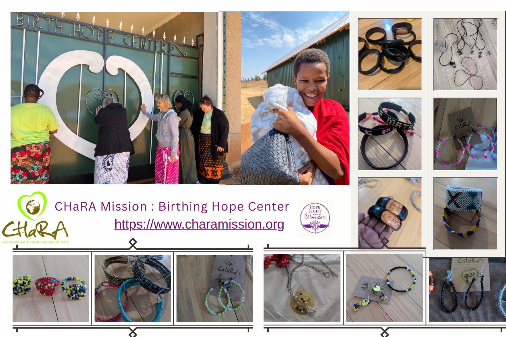 A collage of images showing people at the Birthing Hope Center and jewelry crafts including bracelets, necklaces, and earrings displayed on wooden surfaces. The collage includes a logo and website for ChARA Mission, an organization focusing on construction, health, and relief acts.