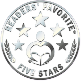 Silver circular badge with five stars, the text 'Readers' Favorite Five Stars', and a heart with an open book inside.
