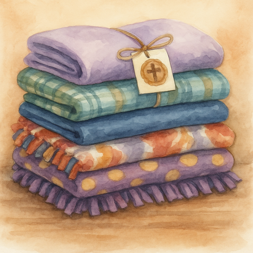 Stack of five colorful folded blankets with a tag featuring a cross and a wreath on the top blanket.