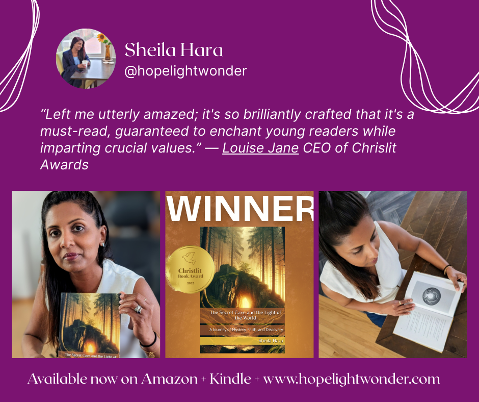 Promotion for Sheila Hara's book 'The Secret Cave and the Light of the World,' featuring her photo, the book cover, a quote from Louise Jane, and an image of her reading a book, with social media handle and website information against a purple background with white decorative lines.