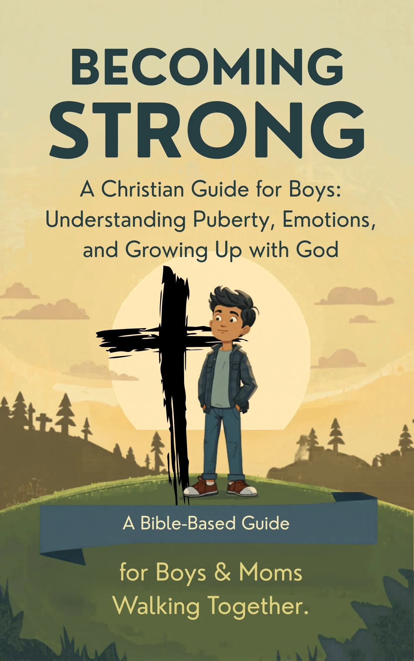 Book cover titled "Becoming Strong: A Christian Guide for Boys: Understanding Puberty, Emotions, and Growing Up with God." Features a young boy standing in front of a cross with a sunset and landscape background.