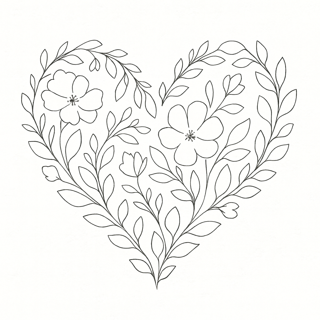 A line drawing of flowers and leaves forming a heart shape.
