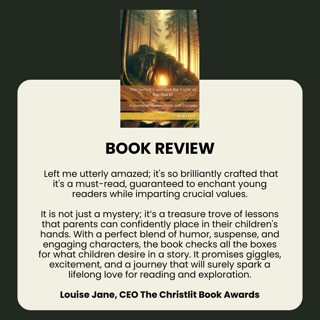 Book review of 'The Secret Cave and the Light of the World' by Sheila Hara, featuring a forest with a cave entrance illuminated by sunlight, and a text block with a positive review.