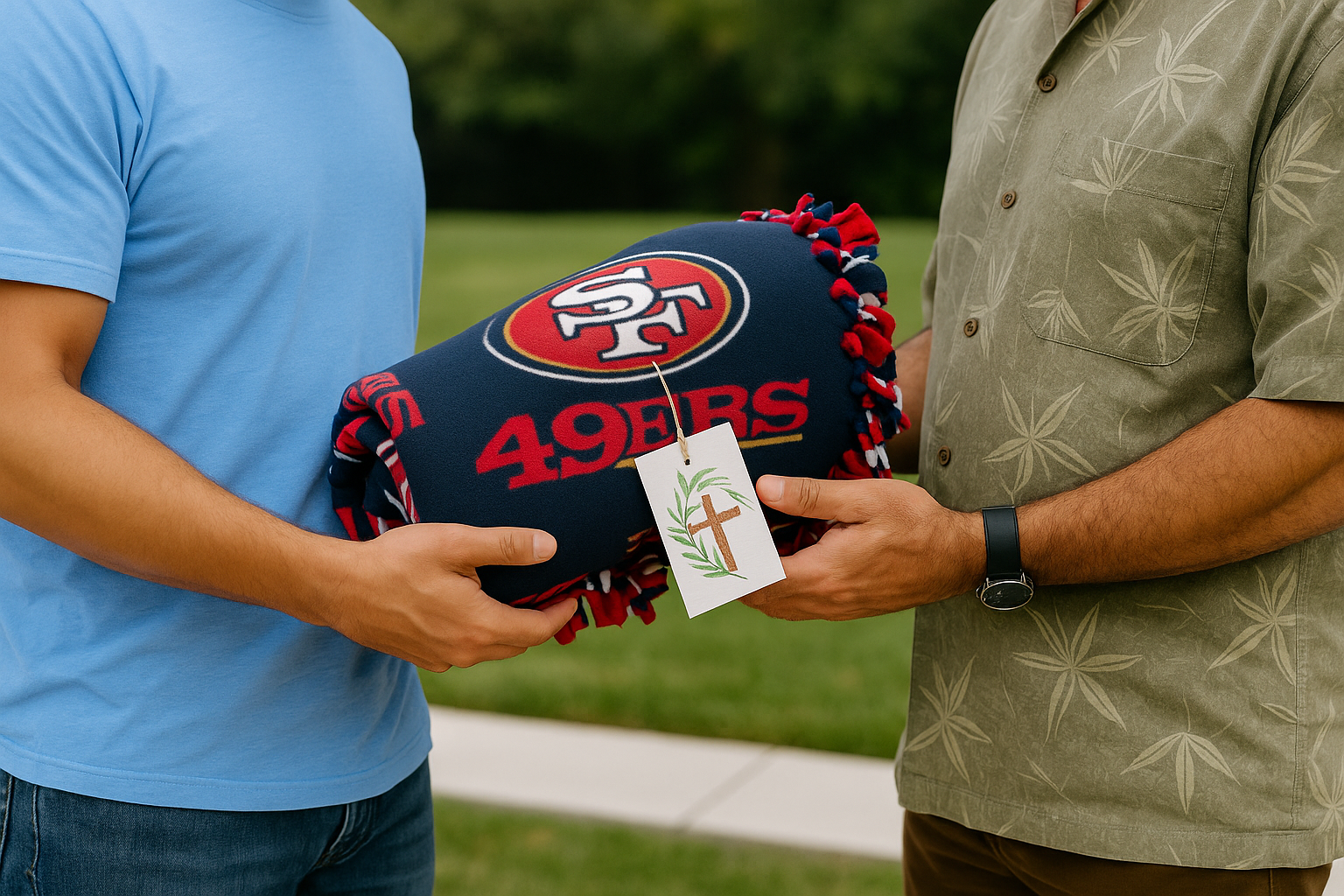 Two individuals exchanging a San Francisco 49ers blanket with a religious tag attached outdoors.