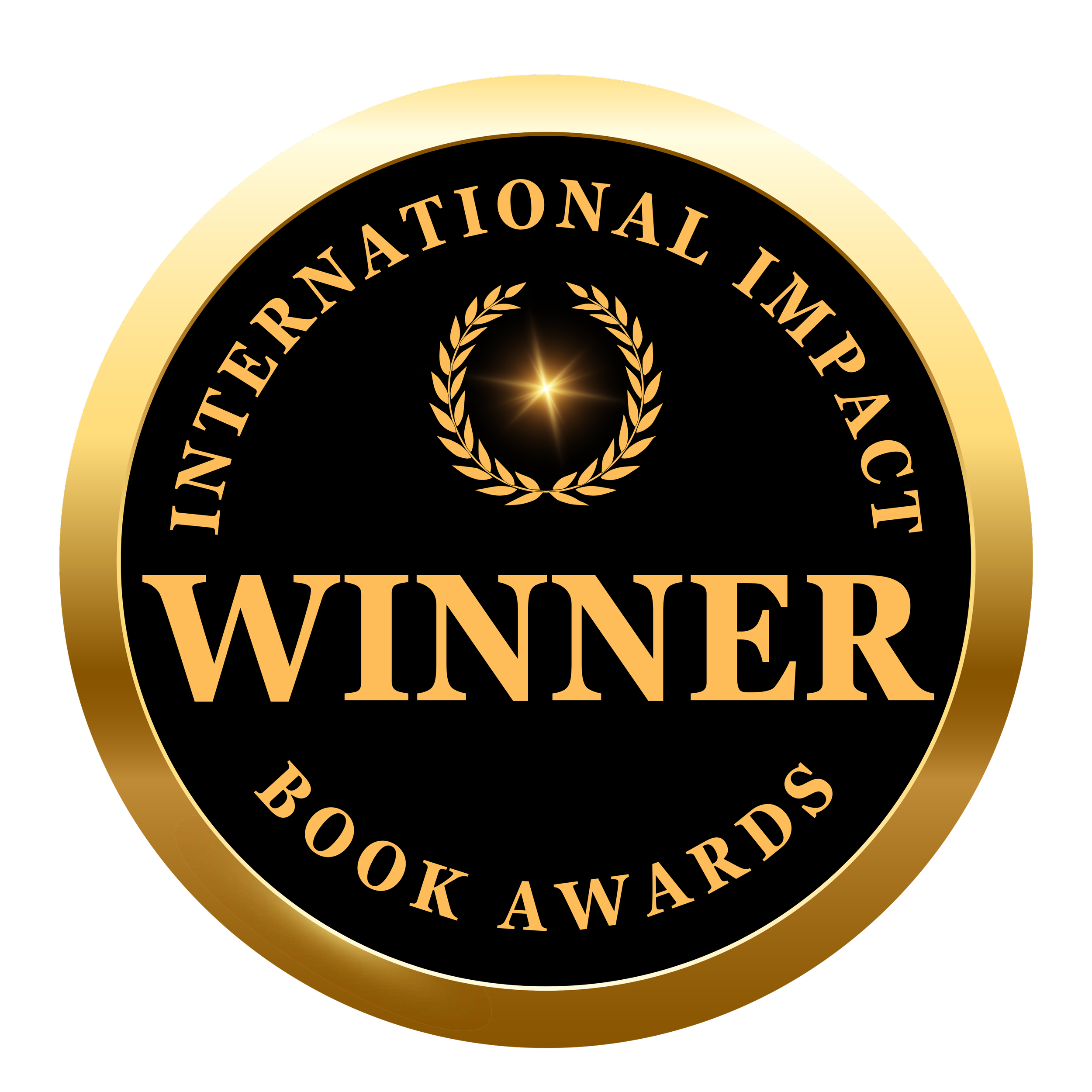 Gold and black circular badge with the words "International IMPACT Book Awards" around the top and "Winner" in large font in the center, featuring a gold laurel wreath and star design.
