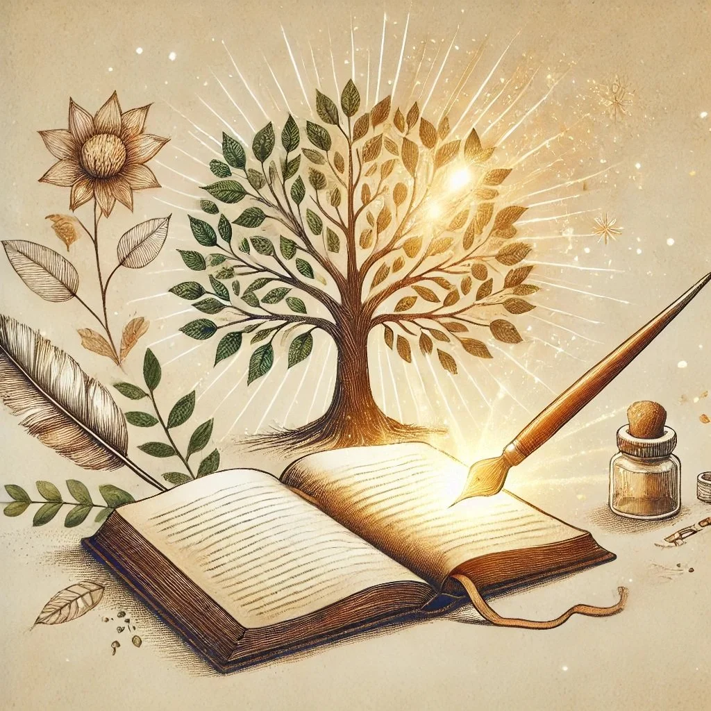 An illustration of a glowing book with a tree growing from its pages, surrounded by leaves, a flower, and a paintbrush, with sparkles and light rays.