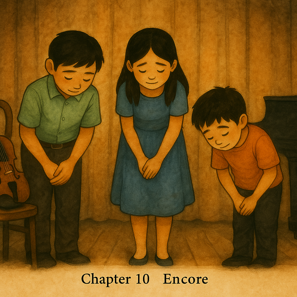 An illustration of three people bowing, two boys and one girl, in a room with a piano and a guitar. Text at the bottom reads "Chapter 10 Encore."