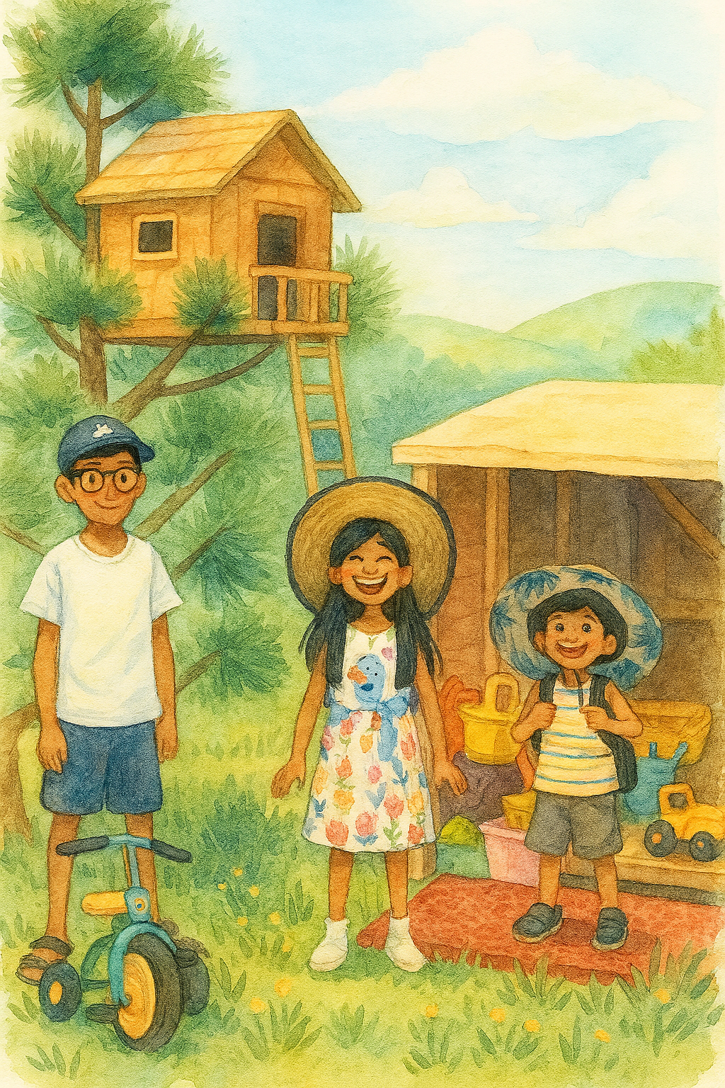 Colorful watercolor painting of three kids standing outdoors near a treehouse with a tower. One boy with glasses on a tricycle, a girl with a hat and a duck dress, and a younger girl with a large sunhat and a backpack surrounded by toys and gardening tools.