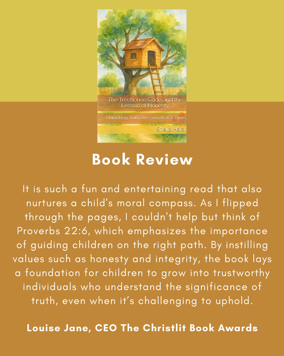 Book cover titled 'The Treehouse Code and the Lesson of Honesty' by Sheila Hara, featuring an illustration of a treehouse built in a large tree with green leaves, over a background of sky and landscape.