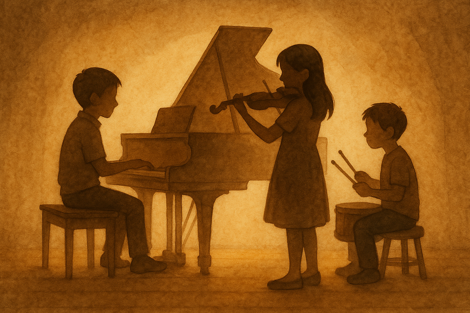 Silhouette of three children playing music: a boy is sitting at a piano, a girl is standing playing the violin, and another boy is sitting playing drums.