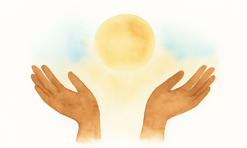 Watercolor painting of two brown hands held up with palms facing upward under a yellow sun, with a soft blue sky background.