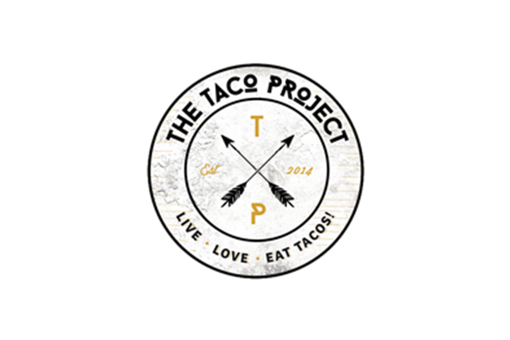Circular logo for THE TACO PROJECT with arrows crossing in the center, the words 'LIVE', 'LOVE', and 'EAT TACOS!' around the perimeter, and the year 2014.