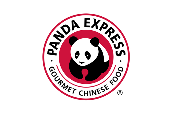 Panda Express logo featuring a cartoon panda in the center with red, black, and white colors. Text around the panda reads 'Panda Express' and 'Gourmet Chinese Food.'