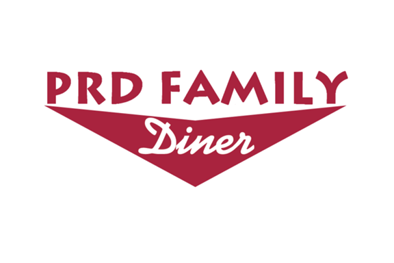 Logo for PRD Family Diner in maroon and white with stylized text