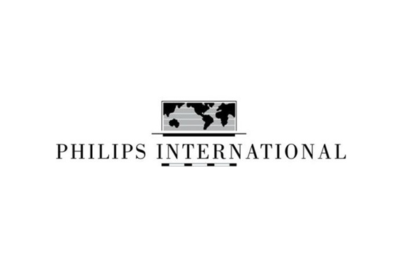 Philips International logo with a world map and horizontal lines.