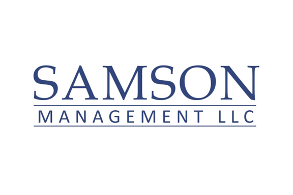 Samson Management LLC logo with company name in blue letters on a white background.