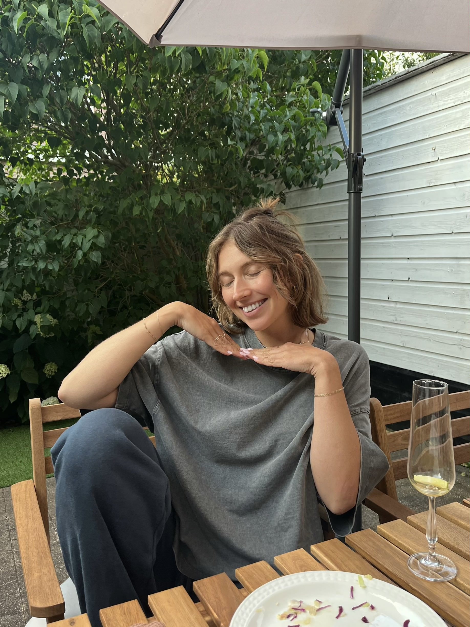 Backyard patio dinner in comfy clothes