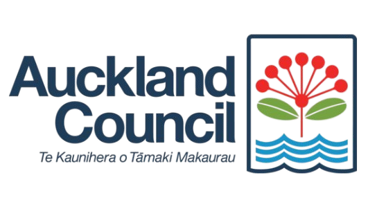 A logo for Auckland Council featuring a stylized red flower, green leaves, and blue water waves inside a smartphone outline with text 'Auckland Council' and the website URL.