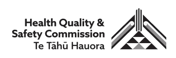 Logo of the Health Quality & Safety Commission Te Tahi Hauora with a black and gray geometric symbol.