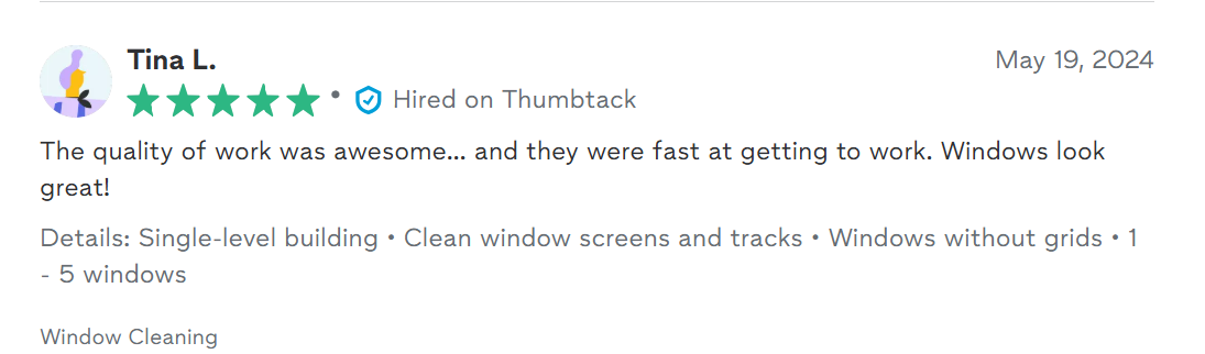 Screenshot of a positive online review for window cleaning services, with a five-star rating, dated May 19, 2024.