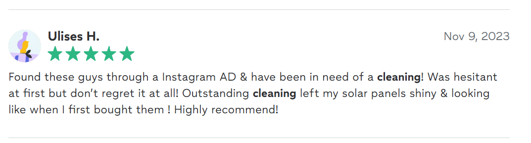 Review from Ulises H. praising cleaning service for solar panels, with a 5-star rating