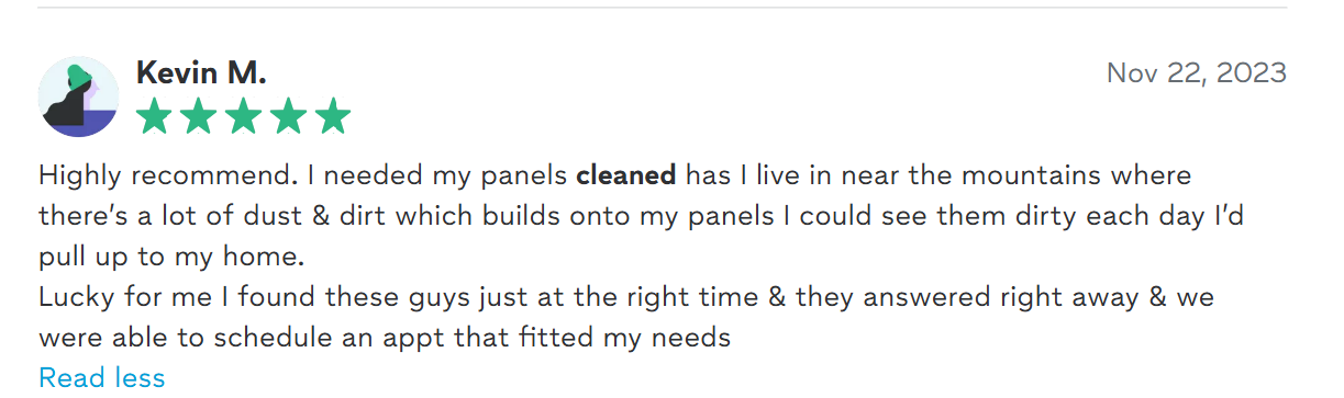Customer review with five stars, praising a service for cleaning panels and mentioning satisfaction with the quick response and convenient scheduling.