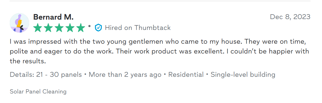 Customer review for solar panel cleaning service by Bernard M., who praises the punctual, polite workers and excellent results, posted on December 8, 2023.