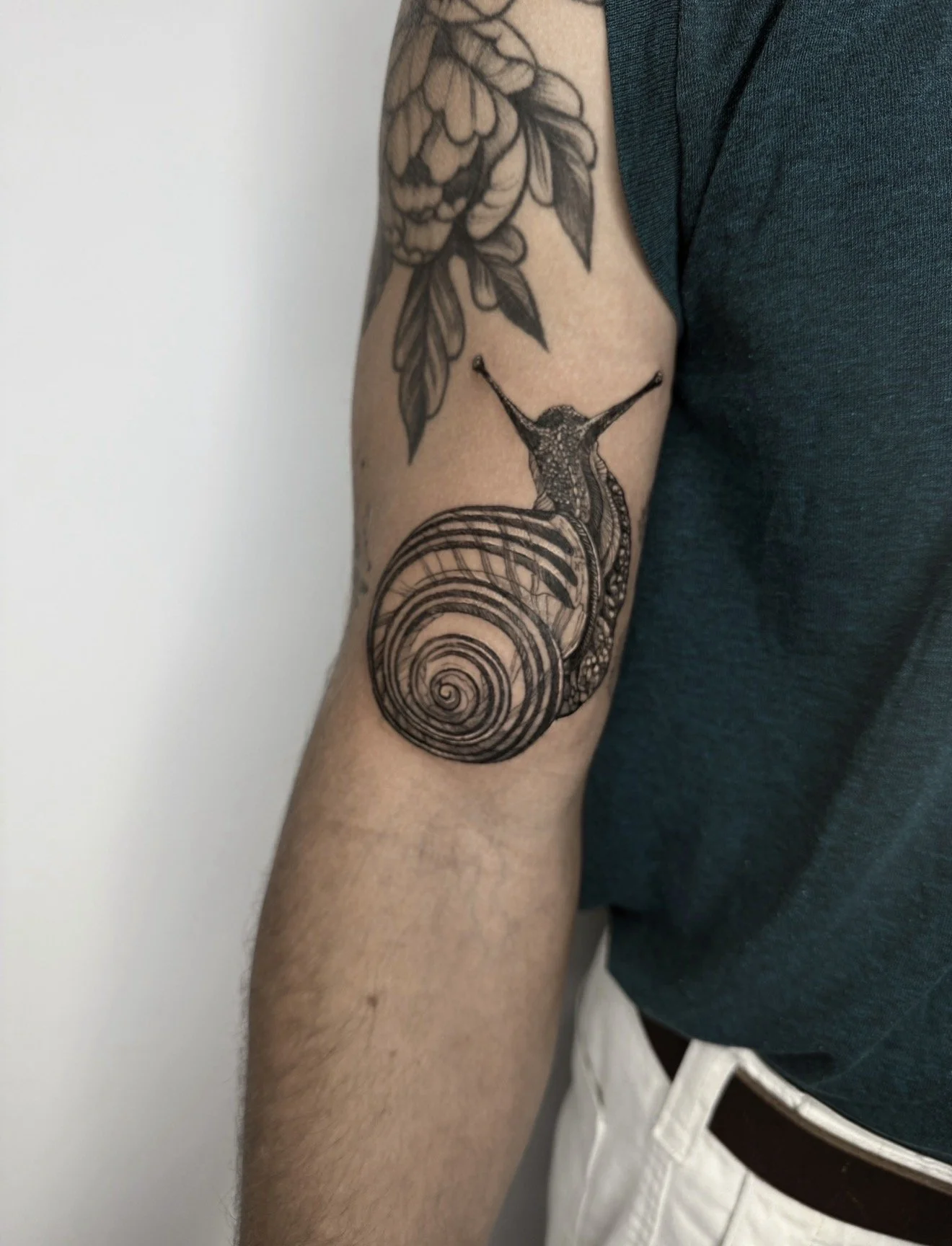 Tattoo of a snail with a spiral shell and striped body on a person's arm, with another tattoo of flowers and leaves above it.