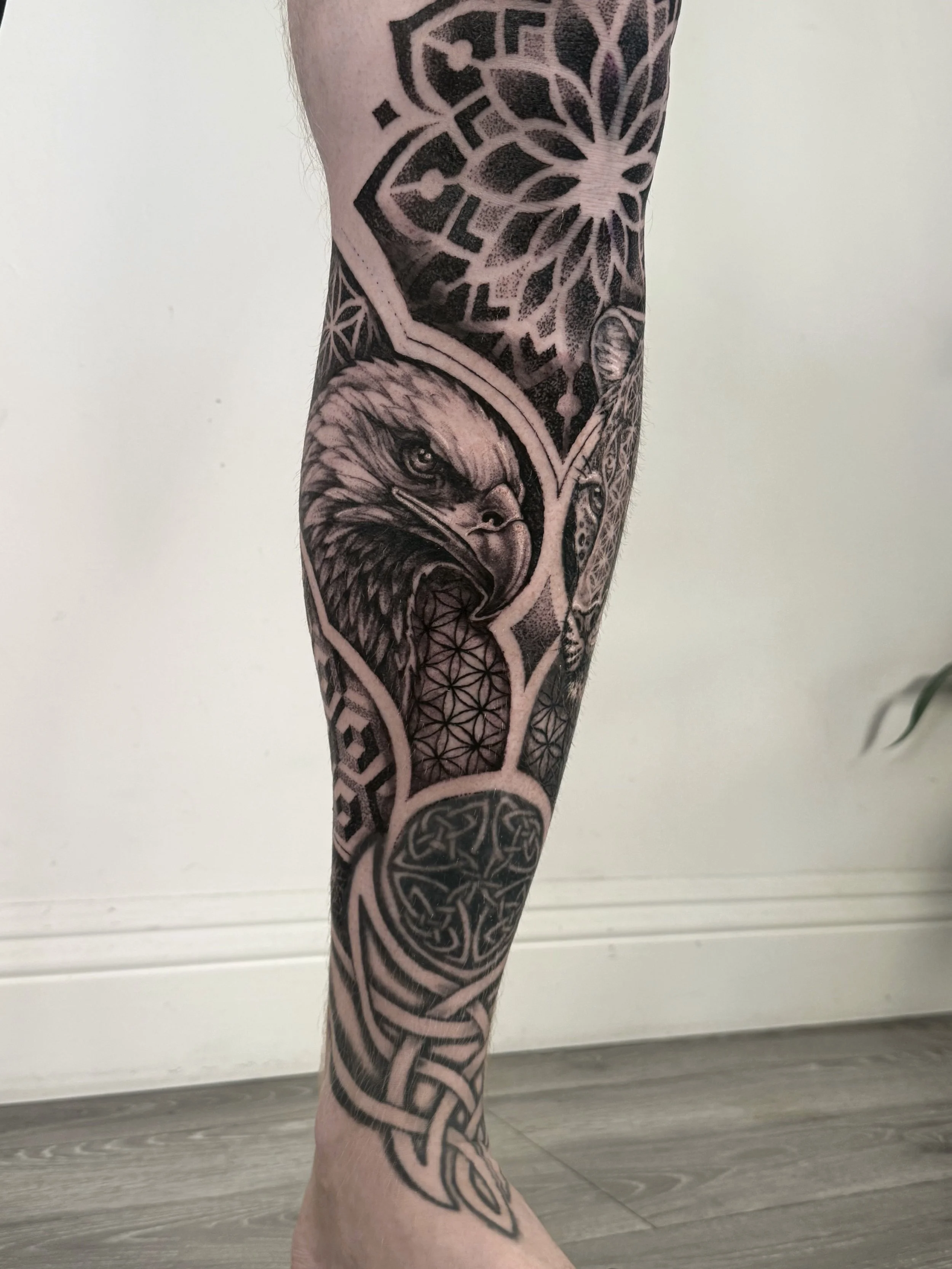 Close-up of a person's arm and leg displaying a detailed black and gray tattoo with various intricate patterns, including a bird's head and feathers, geometric shapes, and floral elements.