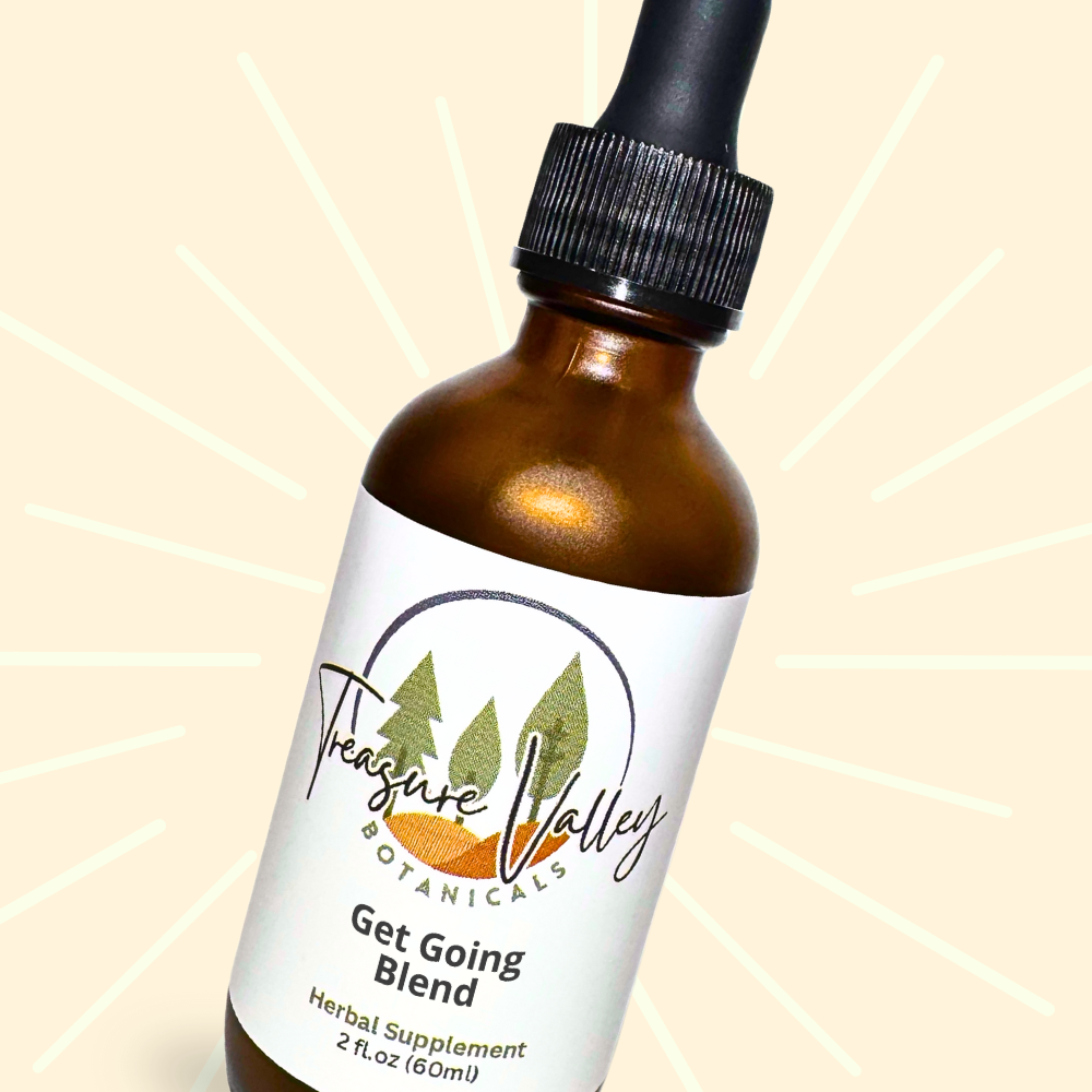 A brown glass bottle with a black dropper cap containing a herbal extract supplement called 'Get Going Blend' from Treasure Valley Botanicals. The label features a logo with trees and a leaf and has a beam pattern in the background.