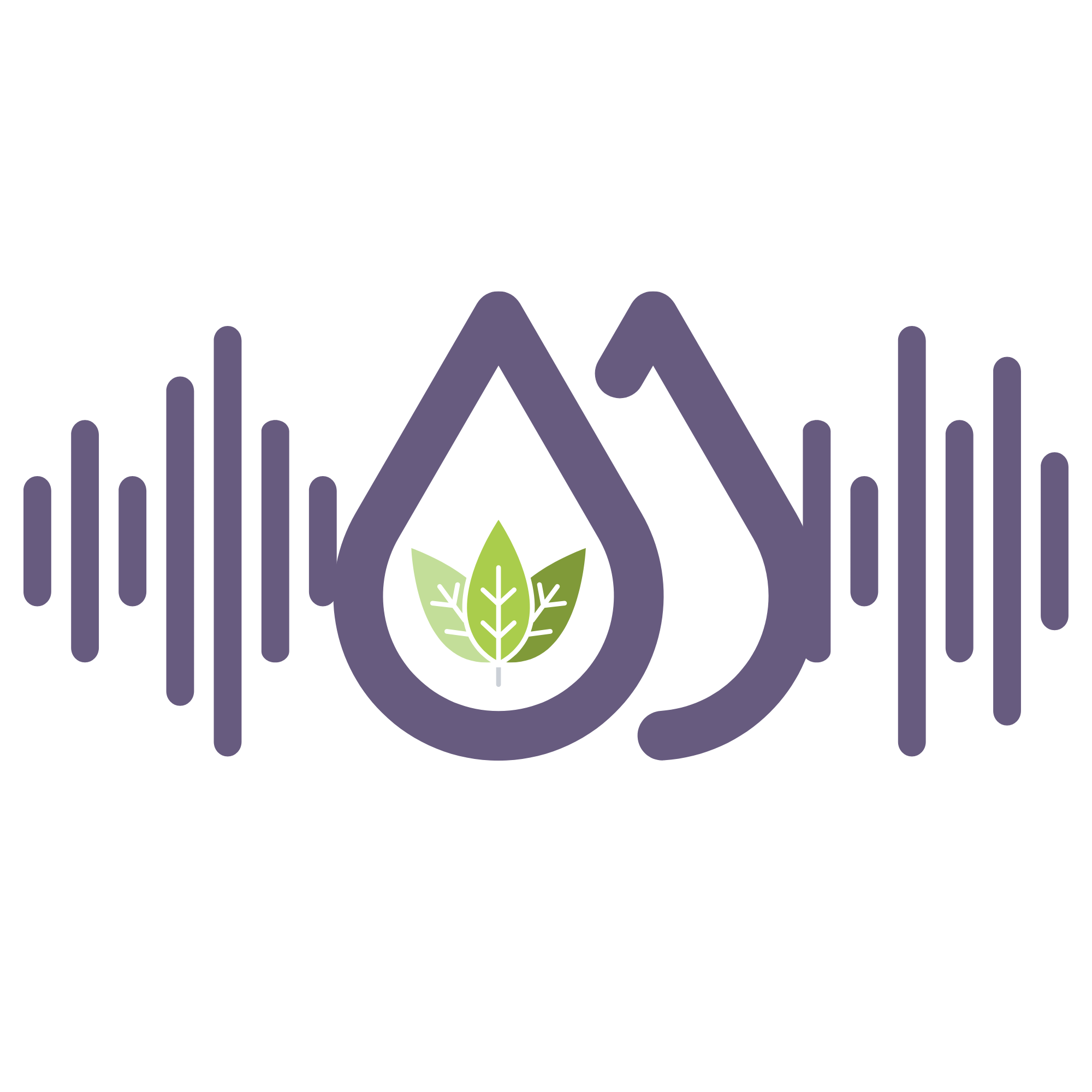 Eco-friendly logo with leaves inside a water droplet and sound wave lines on either side.