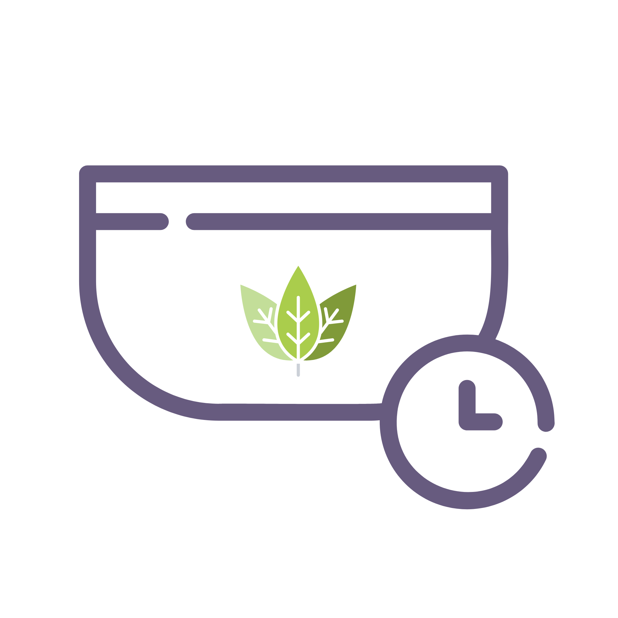 Outline of a video player with a green leaf icon in the center and a clock icon to the bottom right.